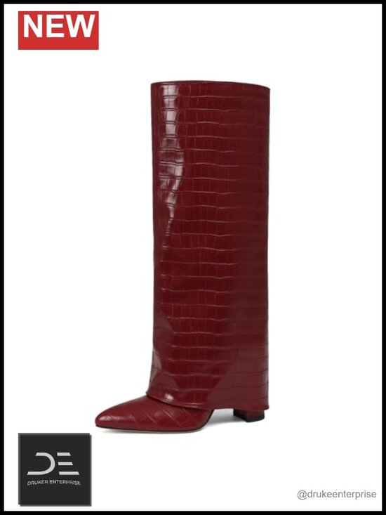 Shoes - Wide Calf Knee High Boots Women Fold Over Chunky Heel Pointed Toe Faux Leather